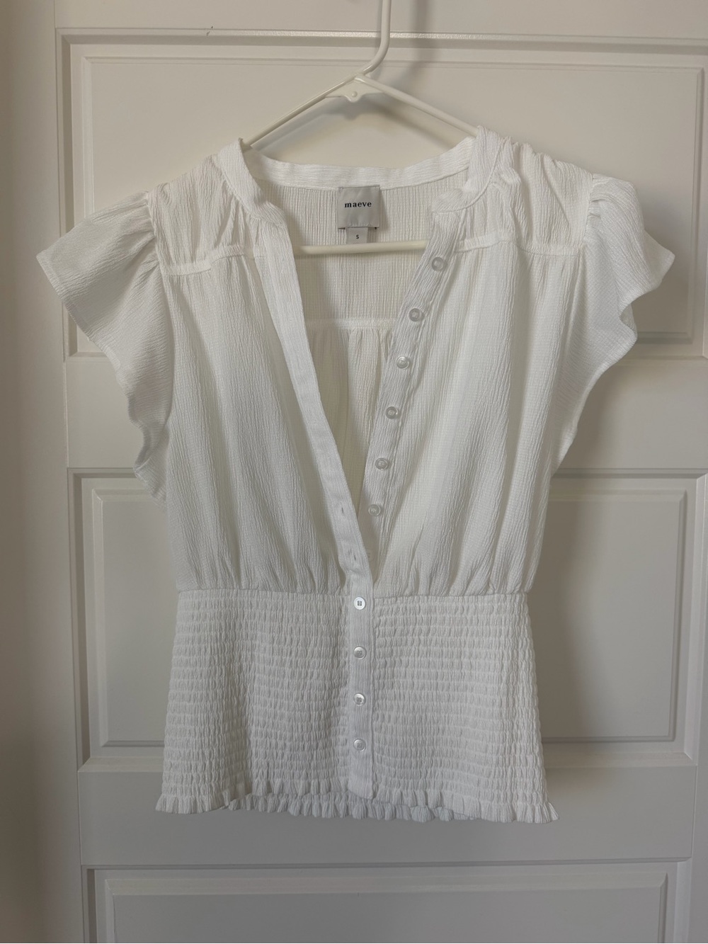 Anthroplogie Maeve White Smocked Peplum Button-Front Top